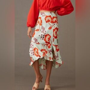 Anthropologie Floral Print Flounced Midi Skirt Size S Mint Green Red Satin